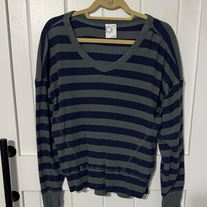 Aerie Offline waffle long sleeve green/hunter blue/navy stripe v-neck tee S